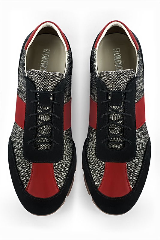 Matt black and scarlet red three-tone dress sneakers for men. Round toe. Flat rubber soles. Top view - Florence KOOIJMAN